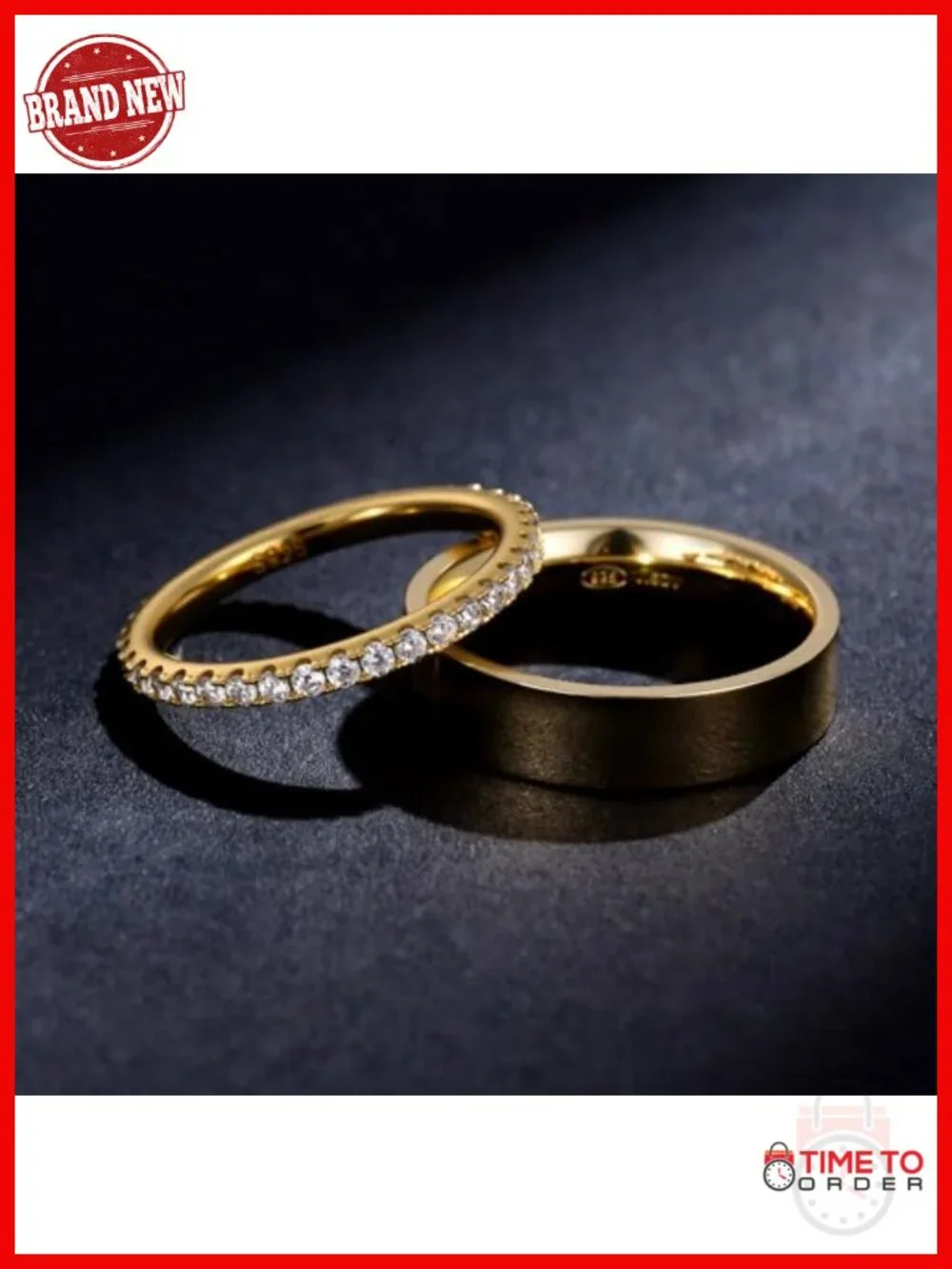 2mm Sterling Silver CZ Eternity Ring & 5mm Gold Plated Band Stackable Wedding